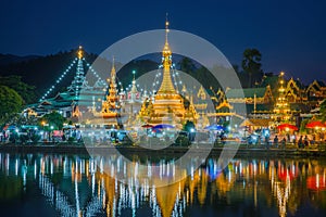 Wat Jongklang - Wat Jongkham the most favourite place for tourist in Mae hong son near Chiang mai, Thailand with sunset sky