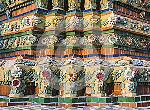 Wat Pho Temple Colourful tiles floral pattern Mosaic on Pagoda Landmark Details Bangkok Thailand