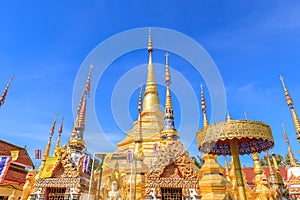 Wat Phra Borommathat Temple at Ban Tak distict. The golden Myanmar style pagoda contain Buddha