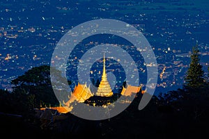 Wat Phra That Doi Suthep, Ratchaworawihan temple pagoda with Chiang Mai Downtown Skyline, Thailand. Financial district in urban