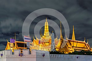 Wat phra kaew and Grand palace at twilight time, Beautiful Landmark of Thailand, Bangkok