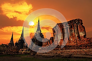 Wat Phrasisanpetch temple at sunset in Ayutthaya Historical Park