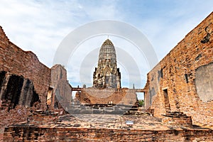 Wat Ratchaburana, ancient Buddhist temple, and its main prang in the city of Ayutthaya, Thailand