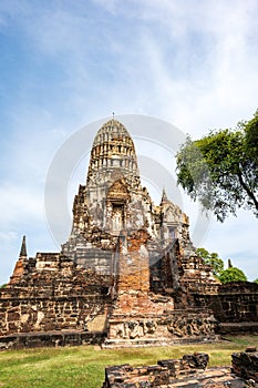 Wat Ratchaburana, ancient Buddhist temple, and its main prang in the city of Ayutthaya, Thailand