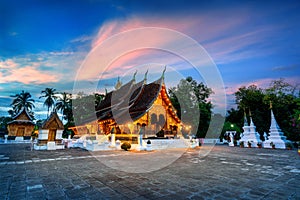 Wat Xieng thong temple at twilight in Luang Pra bang, Laos