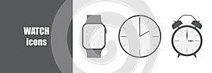 Set of watch icons. Handwatch, wall watch, alarm photo