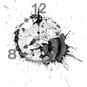Watch with an abstract dial in the form of an ink blot. Isolated on white. The time is eight o`clock. Hand drawn china ink on