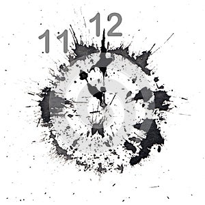 Watch with an abstract dial in the form of an ink blot. Isolated on white. The time is eleven o`clock. Hand drawn china ink on