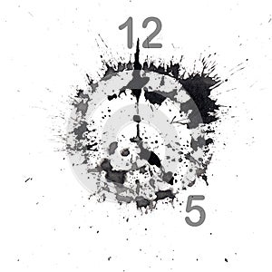Watch with an abstract dial in the form of an ink blot. Isolated on white. The time is five o`clock. Hand drawn china ink on pape