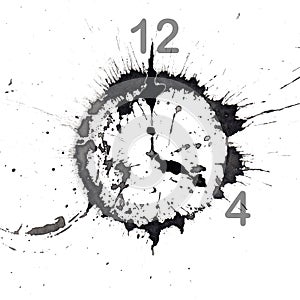 Watch with an abstract dial in the form of an ink blot. Isolated on white. The time is four o`clock. Hand drawn china ink on pape