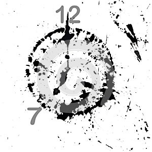 Watch with an abstract dial in the form of an ink blot. Isolated on white. The time is seven o`clock. Hand drawn china ink on