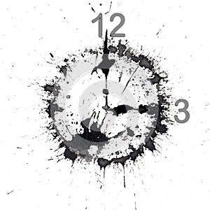 Watch with an abstract dial in the form of an ink blot. Isolated on white. The time is three o`clock. Hand drawn china ink on