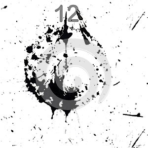 Watch with an abstract dial in the form of an ink blot. Isolated on white. The time is twelve o`clock. Hand drawn china ink on