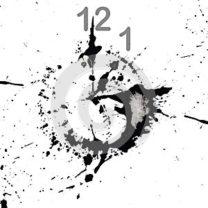 Watch with an abstract dial in the form of an ink blot. Isolated on white. The time is two o`clock. Hand drawn china ink on paper