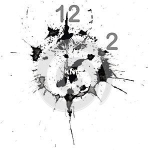 Watch with an abstract dial in the form of an ink blot. Isolated on white. The time is two o`clock. Hand drawn china ink on paper