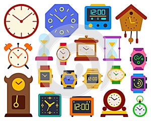 Watch alarm clock timer flat color set, includes stop watch, sand glass, hourglass, dial, timer