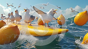 Watch as a group of seagulls mistake a lemon surfboard rider for their favorite snack and hilariously try to peck at the photo