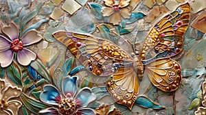 Watch as the sunlight dances off the intricate patterns and glazes of a detailed ceramic butterfly and flower mosaic.