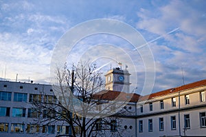 Watch and clock tower in Kardzali Bulgaria during early in the morning