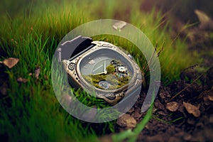 A watch, with a cracked glass and stopped, lying on a bed of fallen leaves