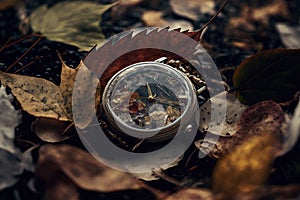 A watch, with a cracked glass and stopped, lying on a bed of fallen leaves