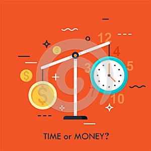 Watch and dollar coin on scales. Time or money, busyness and strenuous life, choice and dilemma concept. Vector illustration