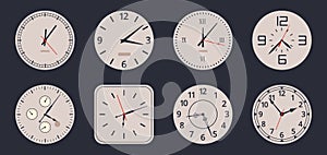 Watch faces. Cartoon analog clocks, electronic and mechanical vintage watch faces with numbers and clock hands flat vector