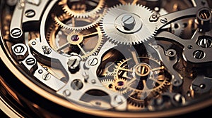 A watch gear showing how clock works gold gear, Interior of wrist watch