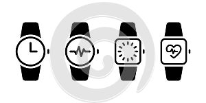 Watch icon. Smart watch icon. Black wristwatch pictogram symbol sign isolated templated. Clock monochrome vector icon collection.