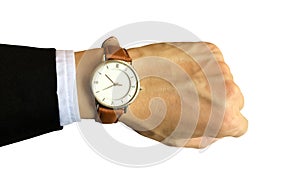 Watch on the left hand of business man  with data report background for business and financial