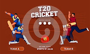 Watch Live T20 Cricket Match Between Team A VS B With Batter Player, Bowler In Playing Pose On Burnt Red