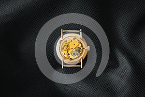 Watch mechanism, clockwork with jewels, close-up. Expertise, repairing a vintage automatic watch. Nostalgia, successful