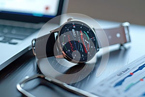 A watch is placed on a table alongside a laptop, creating a juxtaposition between traditional timekeeping and modern technology, A