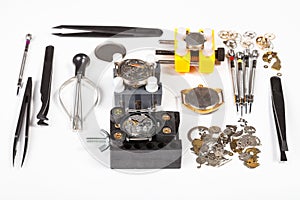 Watch repairing tools on white