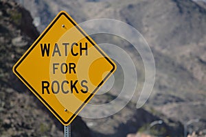 Watch for Rocks Sign near the Arizona Nevada border at the Lake Mead National Recreation Area, Mohave County, Arizona USA