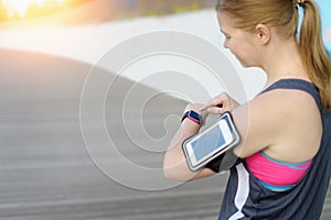 Watch for sports with smartwatch. Jogging training for marathon.