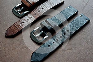 Watch straps, Genuine handcraft italian calfskin leather with white top stitching, Group of stylish wristwatch straps.