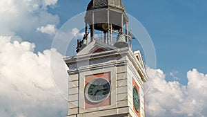 Watch tower on The Old Post Office building timelapse hyperlapse. Located in the Puerta del Sol. Madrid, Spain