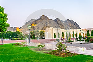 Watch tower overlooking the Aal Alam palace and the adjacent square in the old town of Muscat, Oman