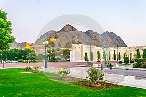 Watch tower overlooking the Aal Alam palace and the adjacent square in the old town of Muscat, Oman....IMAGE