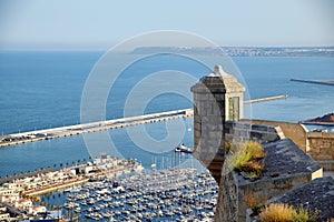 Watch Tower, sentry box in santa barbara castle with the sea. Alicante Spain.