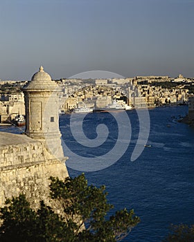 Watch Tower with View Across Grand Harbour Malta to Victtoriosa.