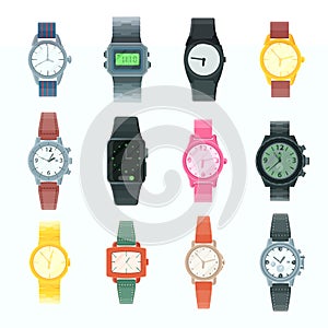 Watch vector business wristwatch or fashion wrist clock with clockwork and clockface clocked in time with hour or minute