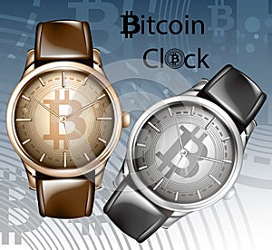 Watch Vector realistic illustration mock up. Bitcoin wristwatch templates