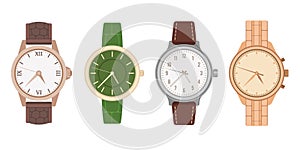 Watch wrist. Mens and womens mechanical watches with different bracelets and straps. Modern and vintage gold and silver