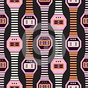 Watches colorful seamless pattern. Fashioned hand watches accessories vector repeat background in grey, pink and orange.