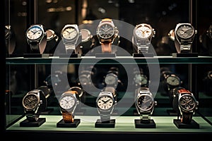 Watches elegantly showcased in glass display case. Generative AI photo