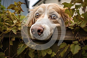 watchful dog peering through a fence