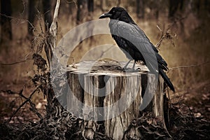 Watchful Raven on old stump. Generate Ai