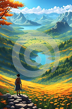 watching the beautiful landscape, anime illustration